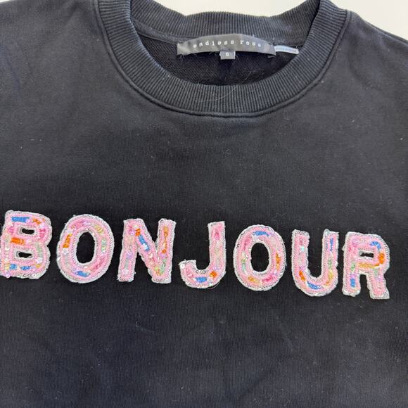 Endless Rose Sweatshirt Womens Small Black Bonjour Lettering Beads Pullover - Picture 12 of 12